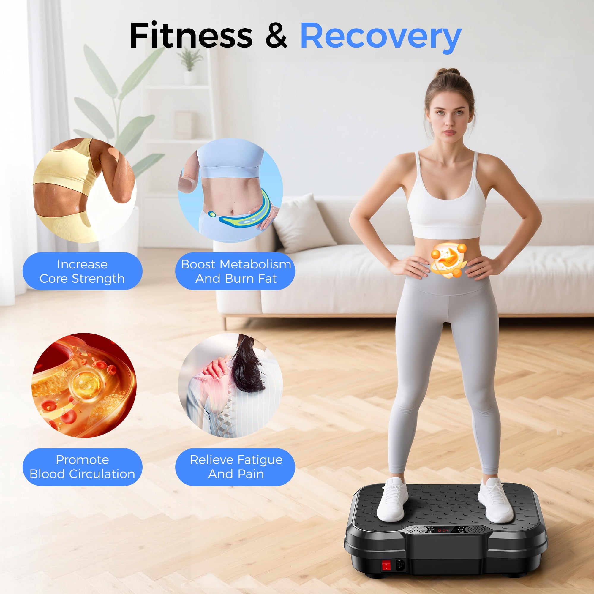 Tomile Vibration Plate Exercise Machine, Body Workout Fitness Platform with Resistance Bands, Bluetooth Speaker, 330lbs Capacity