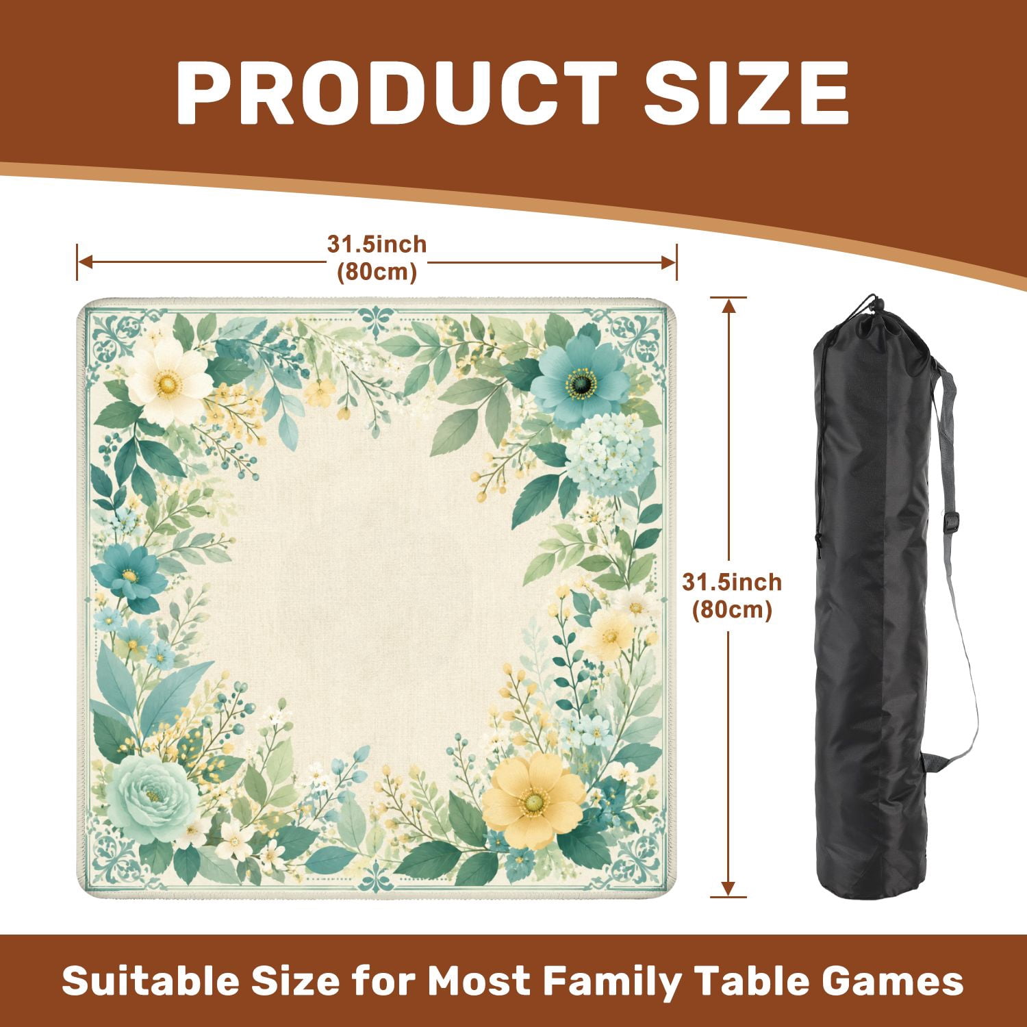 Mahjong Mat 31.5" x 31.5" Floral Swirl Soft Green Yellow Accents Teal Non-Slip Noise Reduction Mahjong Tiles Table Cover for Dominoes Poker Card Board and Tile Games