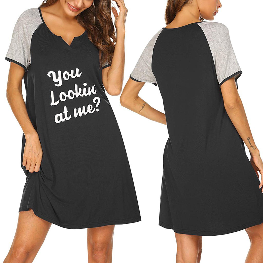 Wenini Womens Ladies Short Sleeve Casual Letter Print Comfy Nightgown Sleep Dress