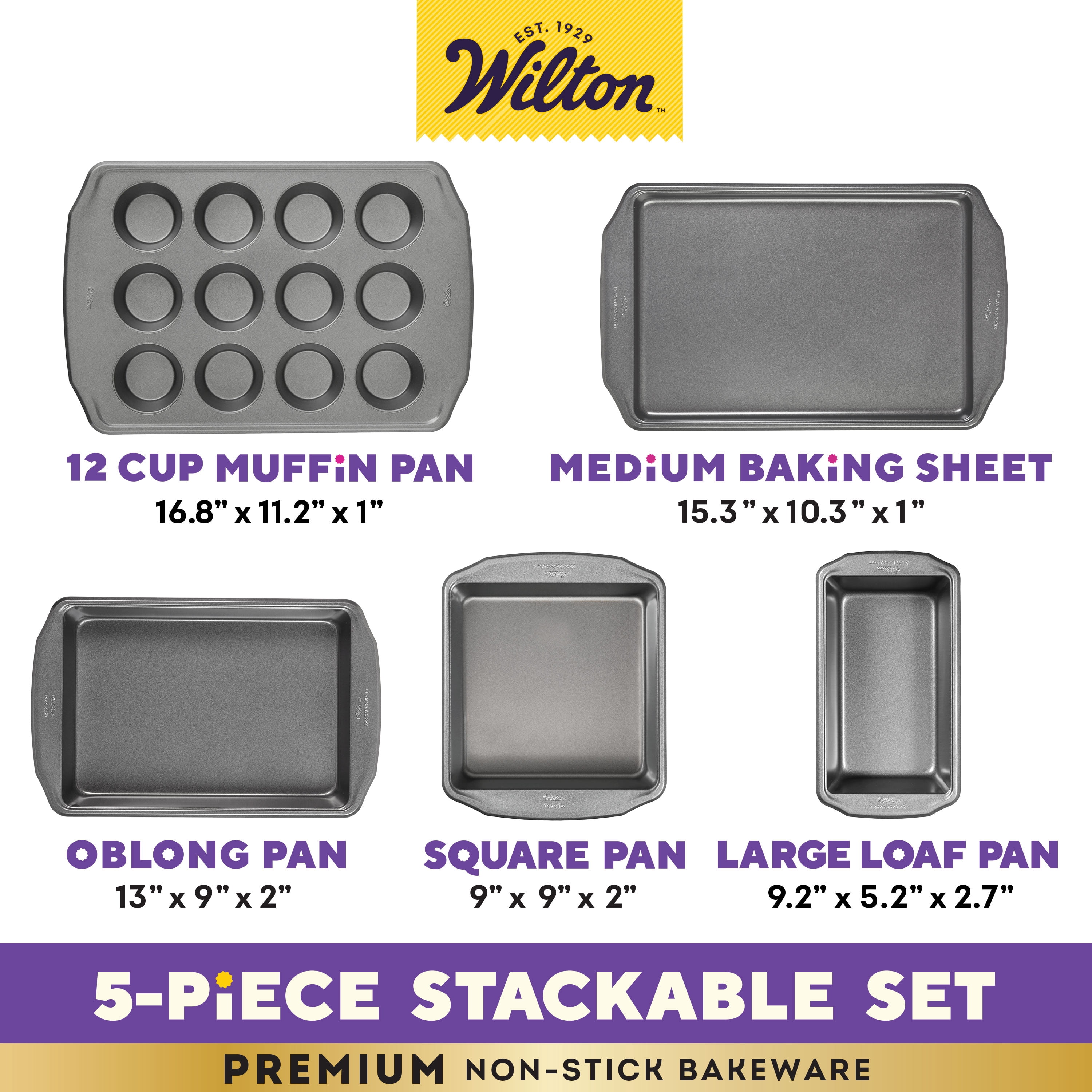 Wilton 5-Piece Premium Stackable Non-Stick Bakeware Set, Great Gift for Housewarming & Weddings, Includes 12-Cup Muffin Pan, Medium Baking Sheet, Loaf Pan, Square Pan & Oblong Pan