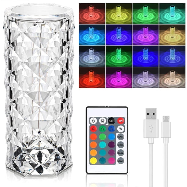 Lámpara de mesa de cristal de diamante, 16 colores, carga USB, lámpara de noche táctil con control remoto, lámpara de escritorio LED, para dormitorio/bar/restaurante, lámpara de mesa de dormitorio de