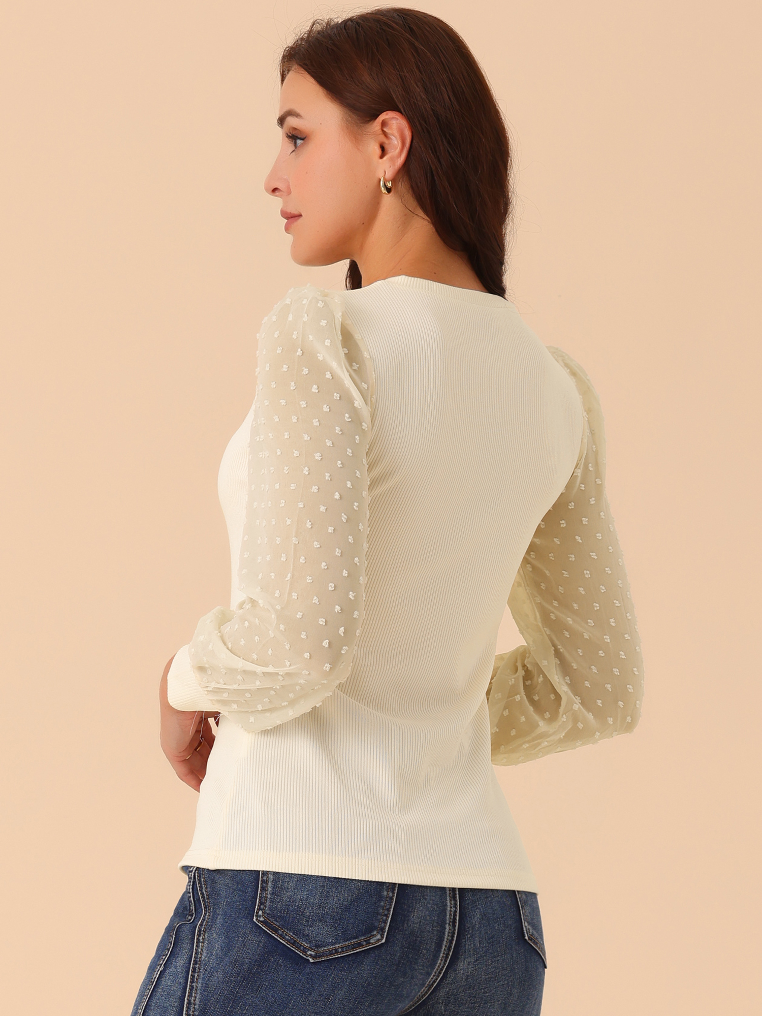 DARING DIVA Women's Long Sleeve V Neck Swiss Dot Mesh Sleeve Blouses M Beige