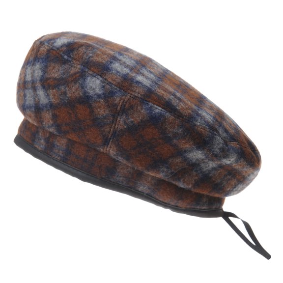 WITHMOONS Wool Beret Hat Tartan Check Leather Sweatband KR3781 (Brown)