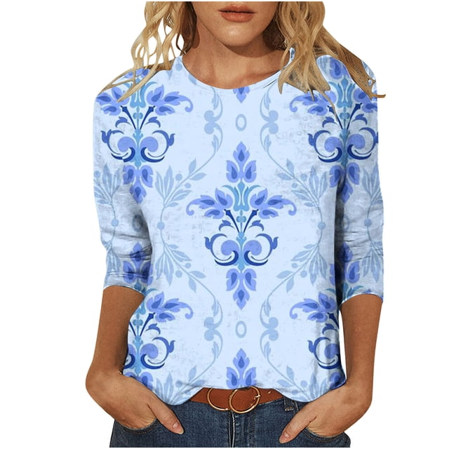 Pompotops T-shirt Ample Imprimé Mode Femme Manches 3/4 Blouse Col Rond Hauts Décontractés Liquidation
