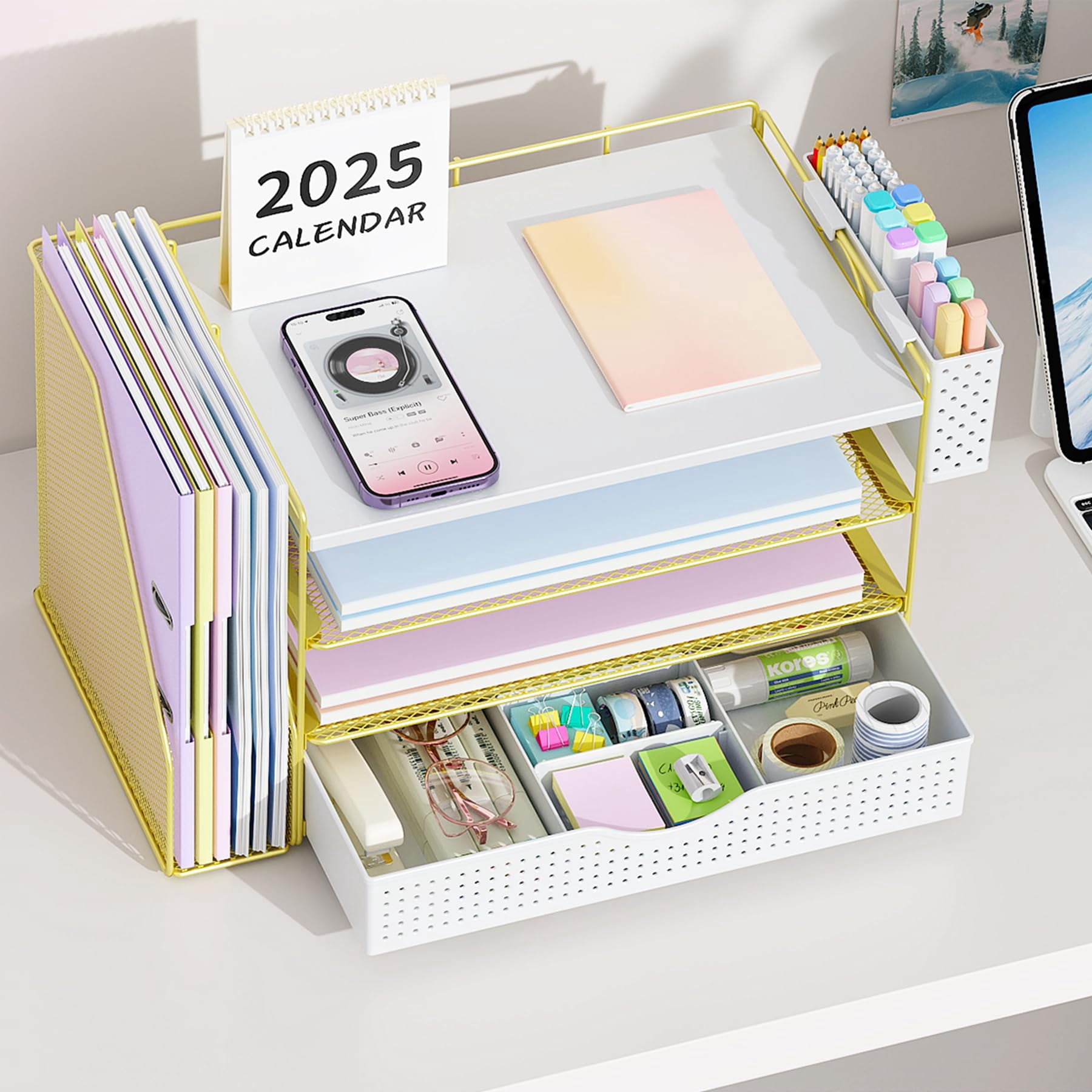 Wood Desk Organizers And Accessories With File Holder  4-tier & Workspace Drawer Pen Paper Organizer For Office Supplies (gold)