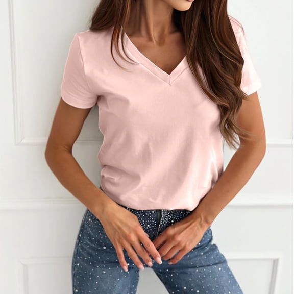 ATENAR Shirts for Women V Neck Solid Color Tops for Women Soft Tee Pink XL
