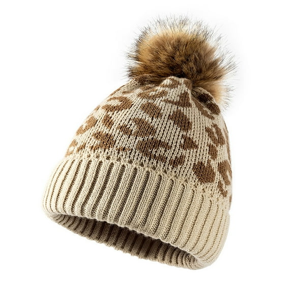 Aellinatey Women Leopard-print Pompon Knitted Hats Warm Wool Hat Winter Slouchy Beanies