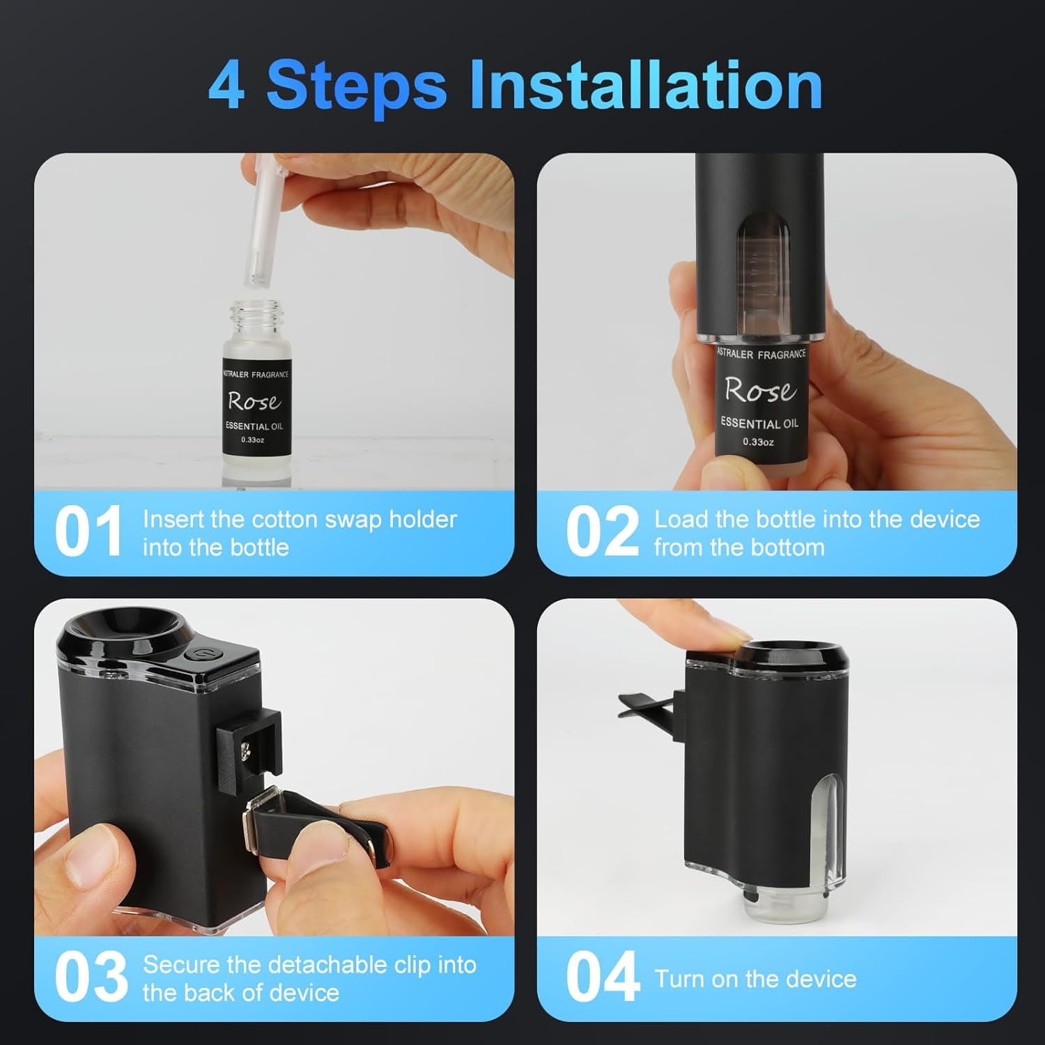 Smart Car Air Freshener with 3 Essential Oils, 2 Modes Adjustable Intelligent Car Aroma,Rechargeable Car Aroma Diffuser,Car Fresheners Long Lasting,DIY Perfume Choose,Smart Auto On/Off (Black)
