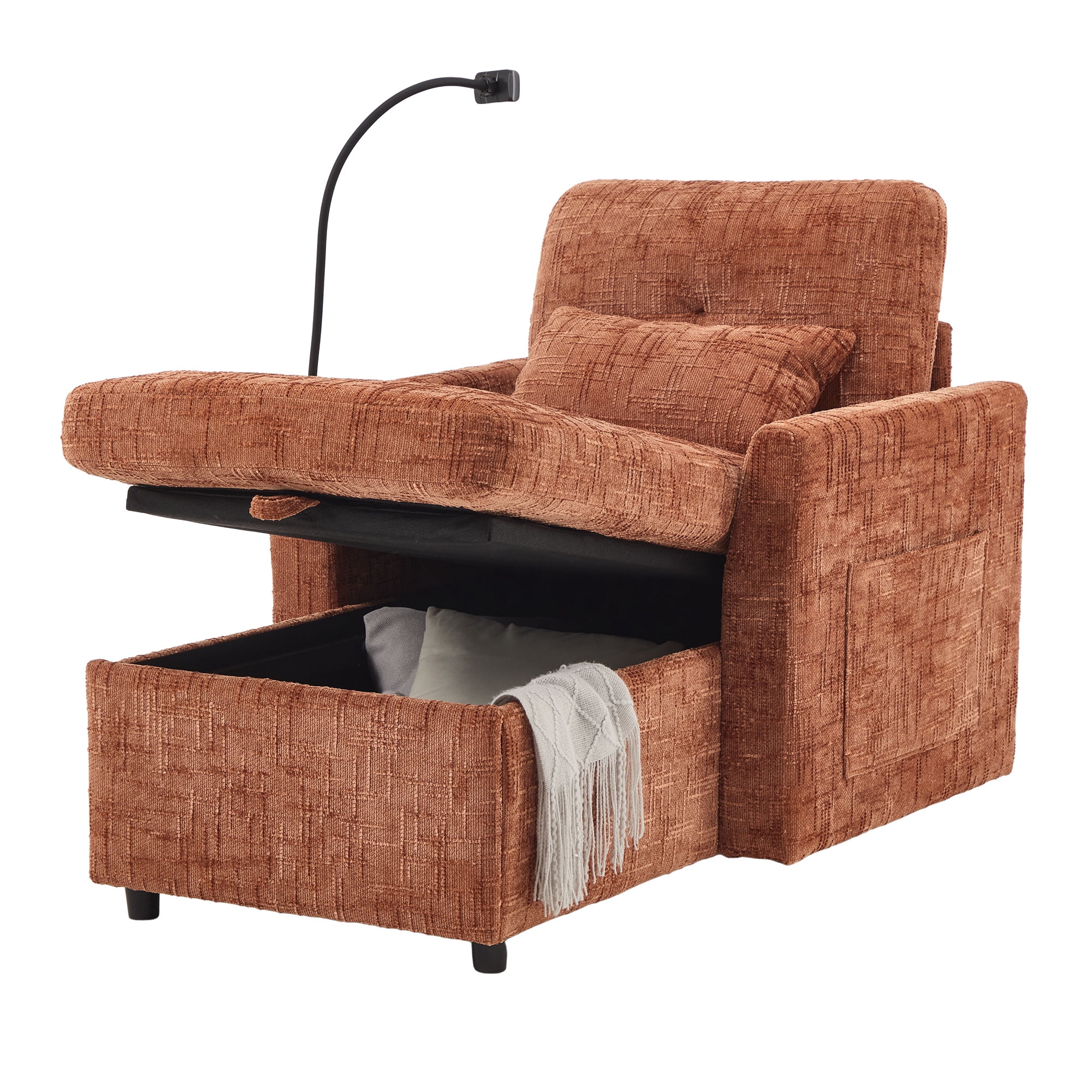 Aukfa Storage Chaise Lounge Single Sofa with Phone Holder and Pillow for Living Room Bedroom, Chenille, Orange