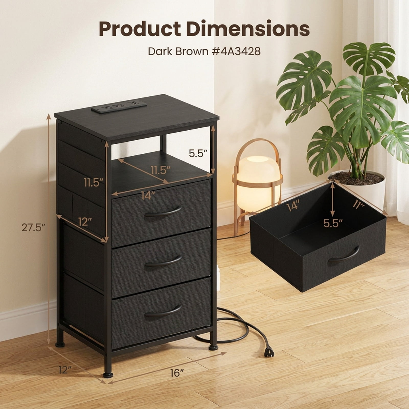 Furnibear Nightstand with Charging Station 27.5 inch Modern Bedside Table with 3 Fabric Drawers for Bedroom Living Room Bedside Sofa Side, Black