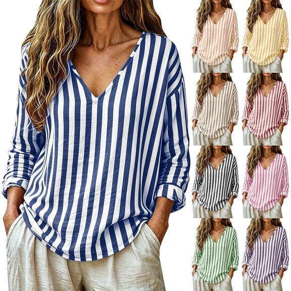 VBVC Women's V Neck Striped Tunic Top , Ladies' Casual Long Sleeve Blouse , Loose Summer Beach Shirt For Women, Black , S-2XL