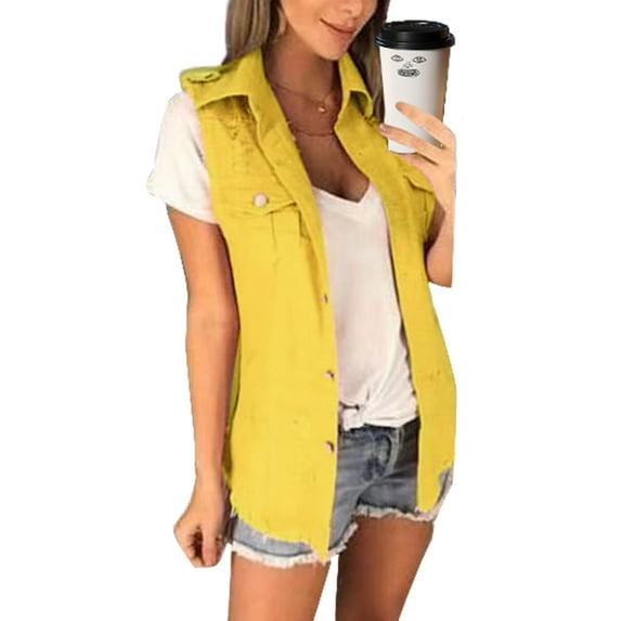 Capreze Women Denim Vest Solid Color Sleeveless Cropped Jacket Buttons Down Lapel Jean Vest Plus Size