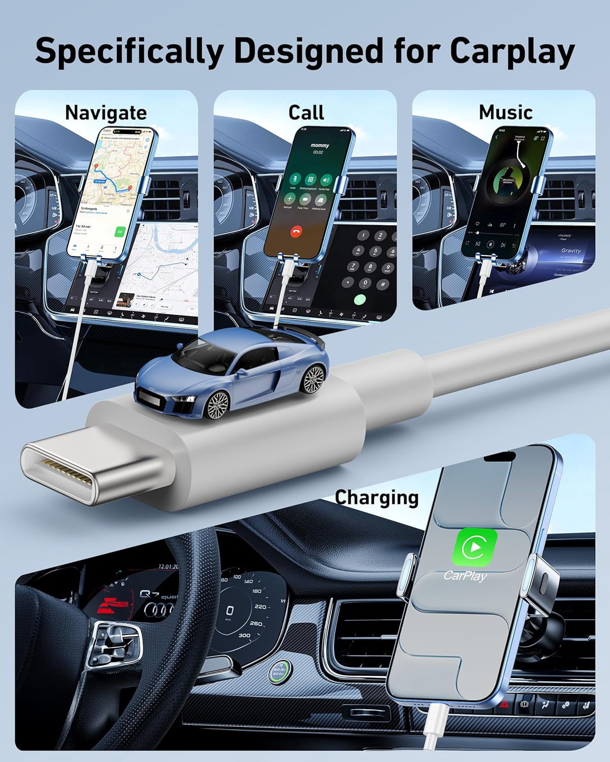 Car Carplay Cable for iPhone 17/17 Pro/Air/16e/16/15 Pro Max/Plus Cable, 2Pack USB A to USB C for CarPlay USBC Cord, iPad, Galaxy, Pixel, Android Accessories Charging Wire Type-C Car Charger Cord 3FT