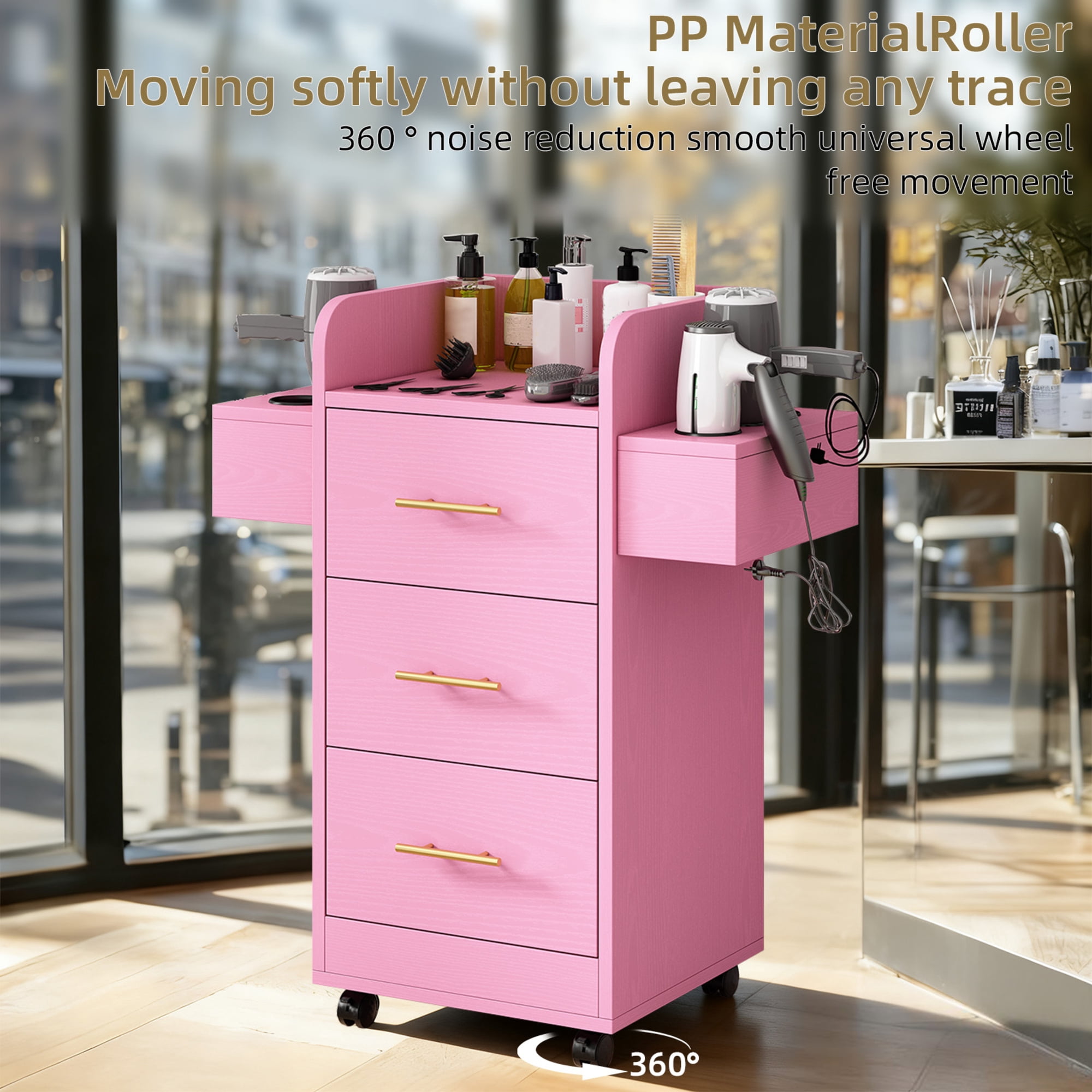 4 EVER WINNER Pink & Gold Barber Storage Cabinet with Gold Handles, Rolling Salon Station with 3 Drawers & 6 Tool Holders, Stylish Movable Cart for Hair Styling Tools