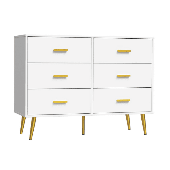Sunvasagoo 6 Drawer Dresser with Gold Handles, Modern MDF Wood Chest of Drawers for Bedroom, White/Black