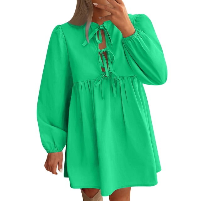 cfhntfmh Robes d'Automne pour Femmes 2024 Manches Longues Bouffantes Col Ras du Cou Robe Mini à Cordon Fluide Plissée Robe Tunique Badydoll