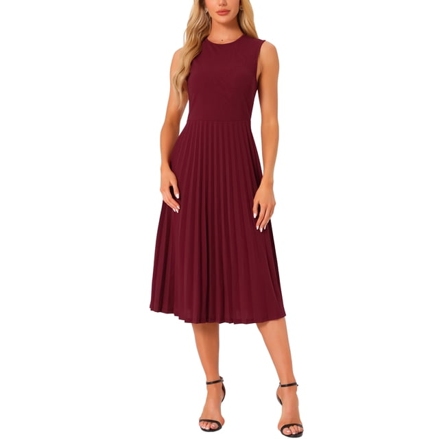 Vestido midi elegante de punto sin mangas con volantes y dobladillo plisado de INSPIRE CHIC XL Rojo Oscuro