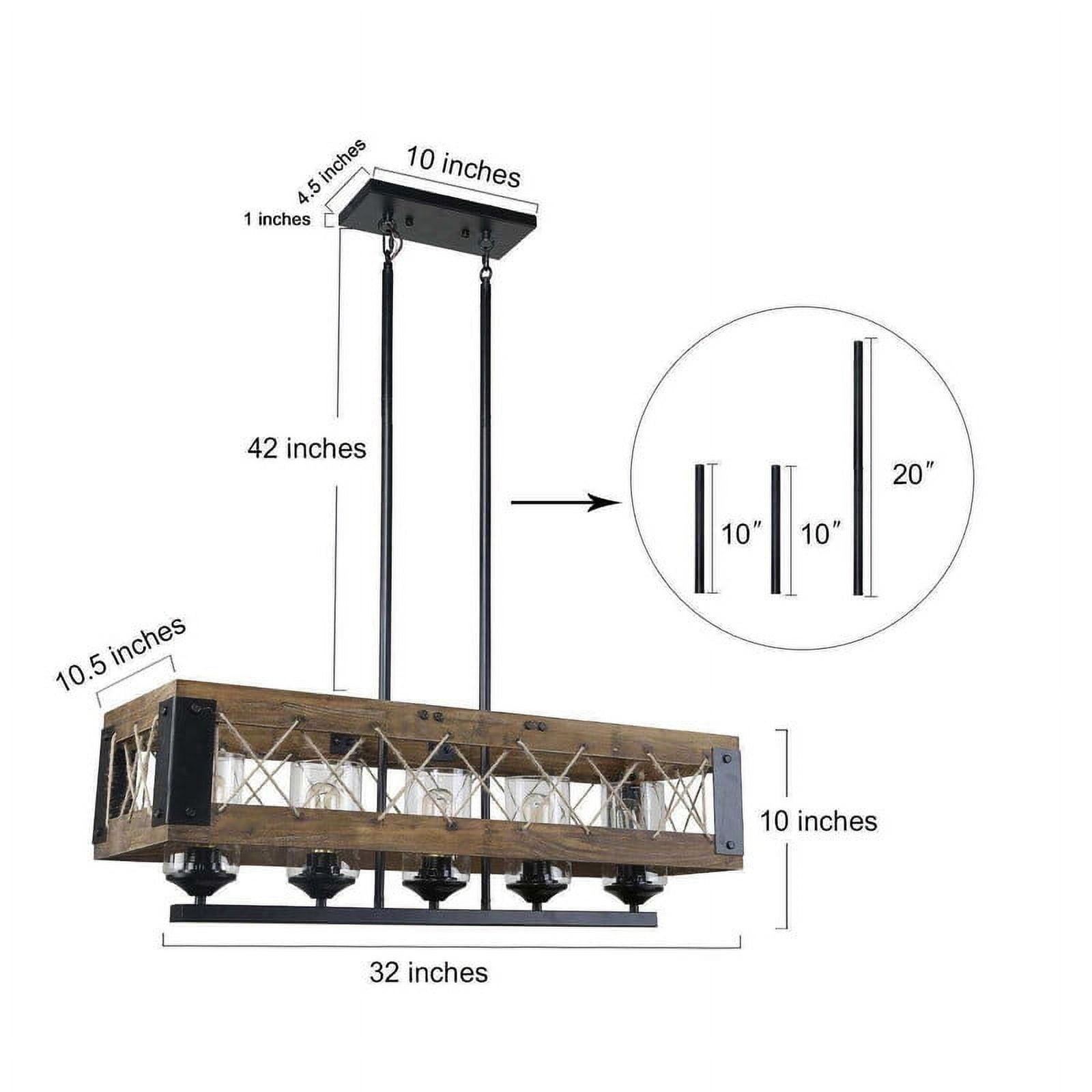 LNC 5-Light Farmhouse Rectangular Chandelier, Wood and Matte Black Island Light with Glasss