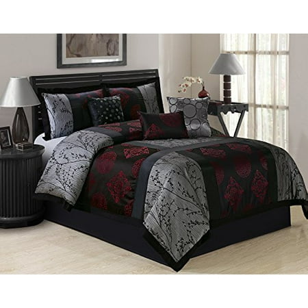 Cal King 6 Piece Bedding 7 Piece SHANGRULA Big Square Patchwork Jacquard Clearance bedding Comforter Set Fade Resistant, Wrinkle Free, No Ironing Necessary, Super Soft, All Sizes Queen King CalKing (Cal.King, Gray/Red) ()