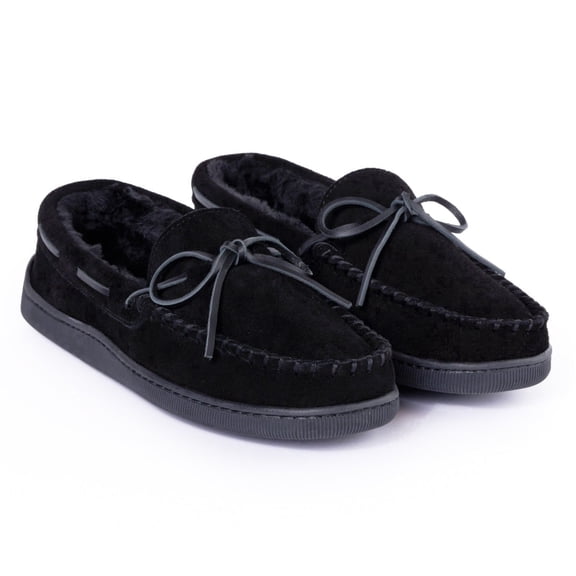 Minnetonka Men's Pile Lined Moccasin Slippers with Hard Soles, 15, Black