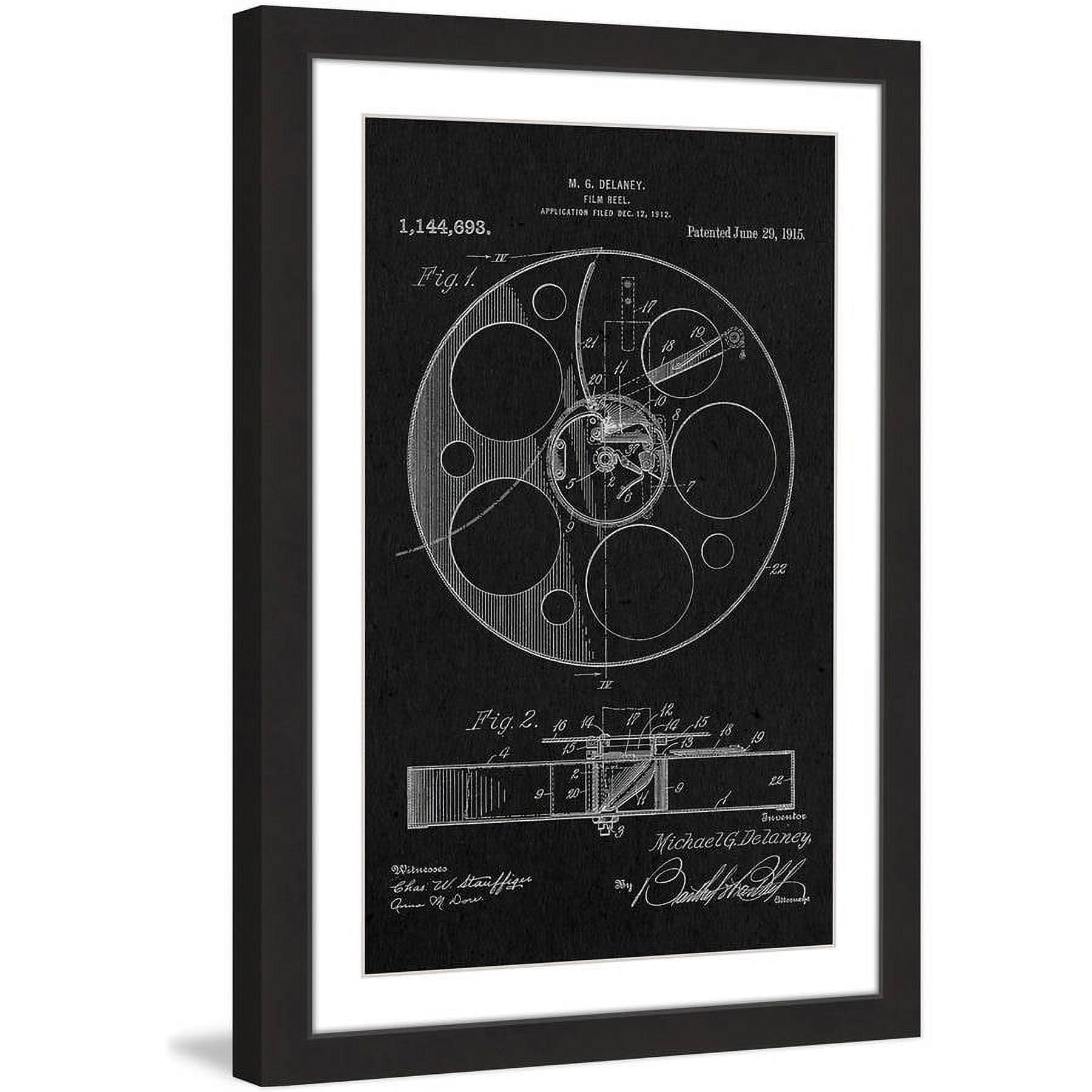 "Film Reel 1915 Black Paper" Framed Painting Art Print, 12" x 1.5"