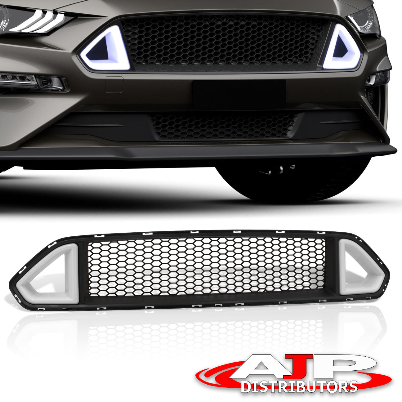 Black Honeycomb Mesh Front Lower Bumper Grille/Grill w/LED DRL for 15-17 Mustang