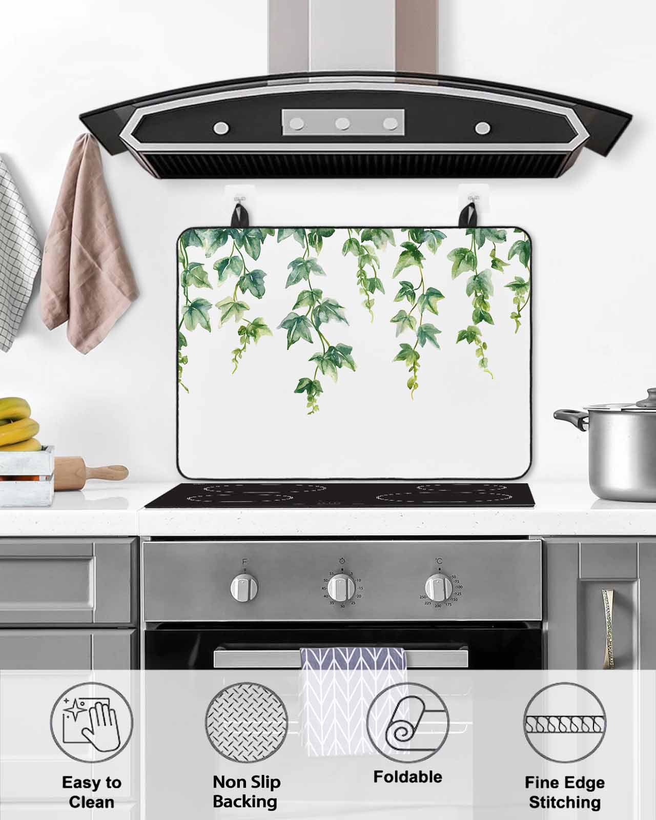nqOlkjepod Large Induction Cooktop Protector Mat 24"x21", Green Leaves Stove Top Covers for Electric Stove, Spring Watercolor Natural Branches Vines Stove Burner Cover Mats, Glass Top Stove Cover
