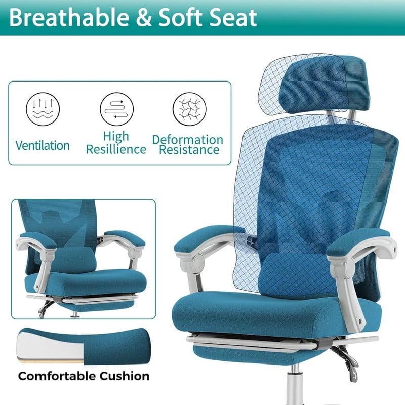 Kelno Ergonomic Office Chair High Back Reclining Swivel Desk Chair Retractable Footrest, Blue