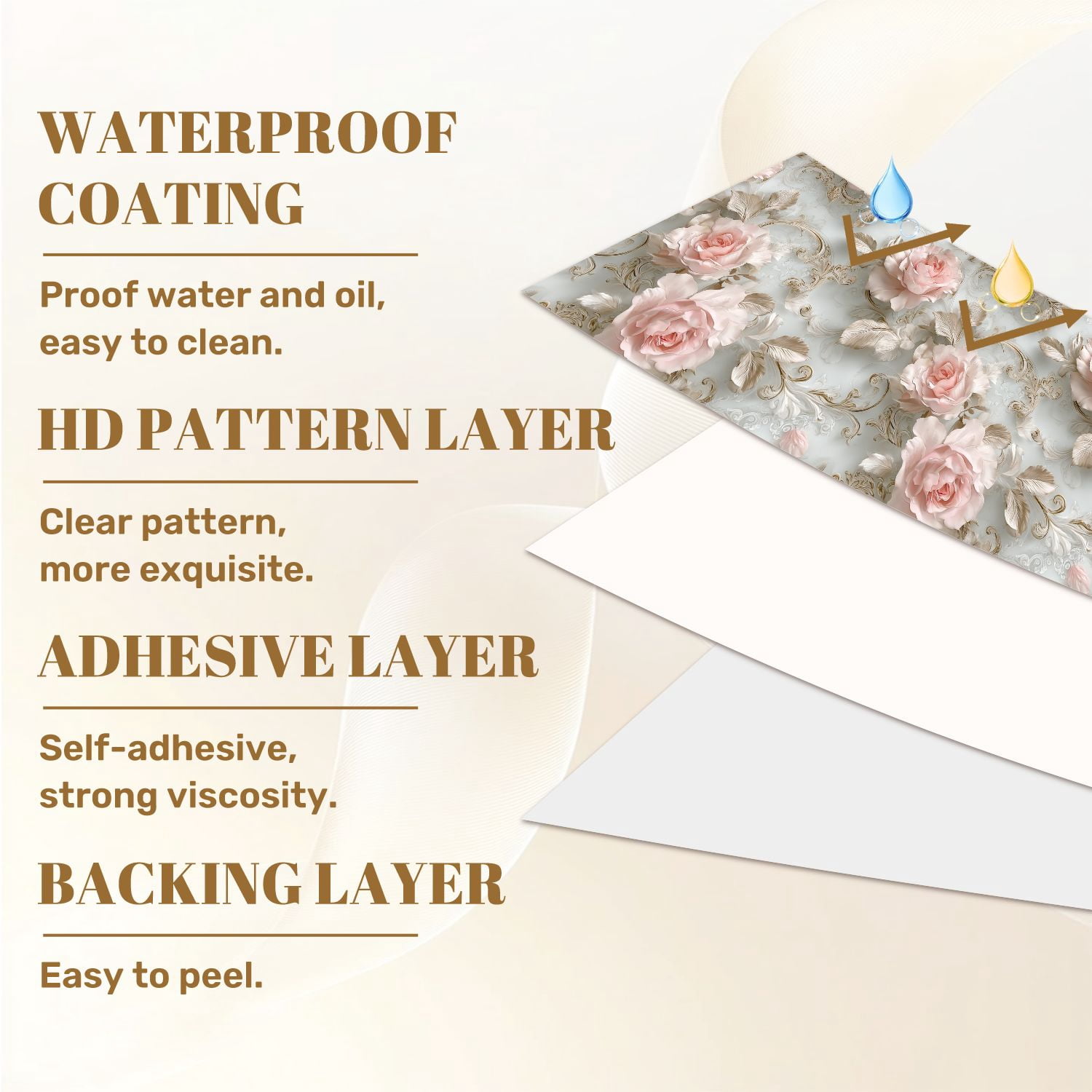 Peel and Stick Wallpaper Elegant Rose Soft Pink Flowers Ornate Gold Detailing Wall Mural 23.6in x 9.8ft Self Adhesive Removable Wall Paper Renter Friendly Wallpaper for Bedroom