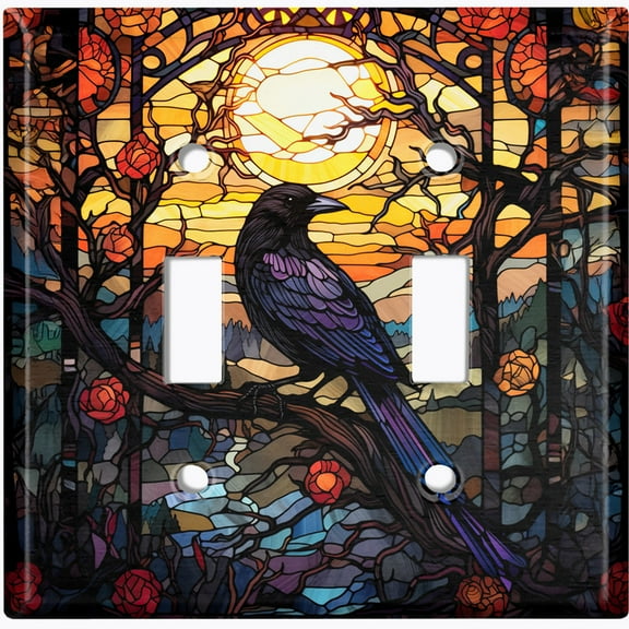 Metal Light Switch Wall Plate Outlet Cover (Printed Image of Gothic Stained Glass Crow - Double Toggle)