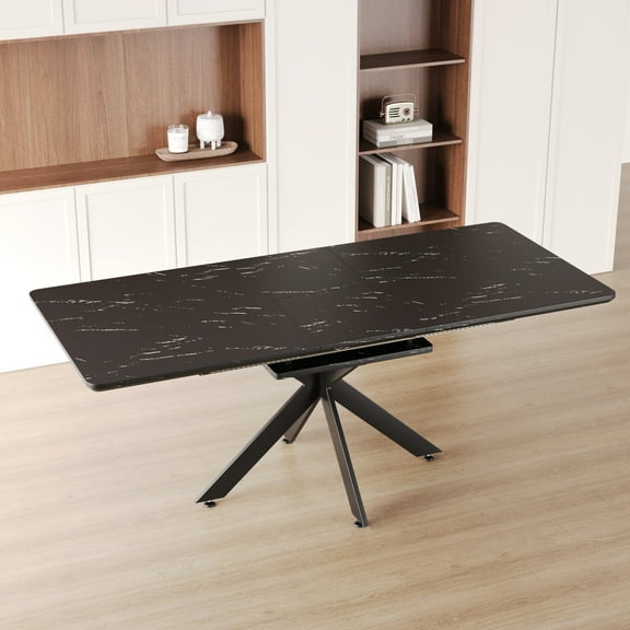 62.4" To 78.15" Extendable Dining Table In Black, Mid-century Modern. For Kitchen. Construction, Materials Black Table. Industrial Chic. Space Saving, Functional, Easy Clean, With Instruction & Tools