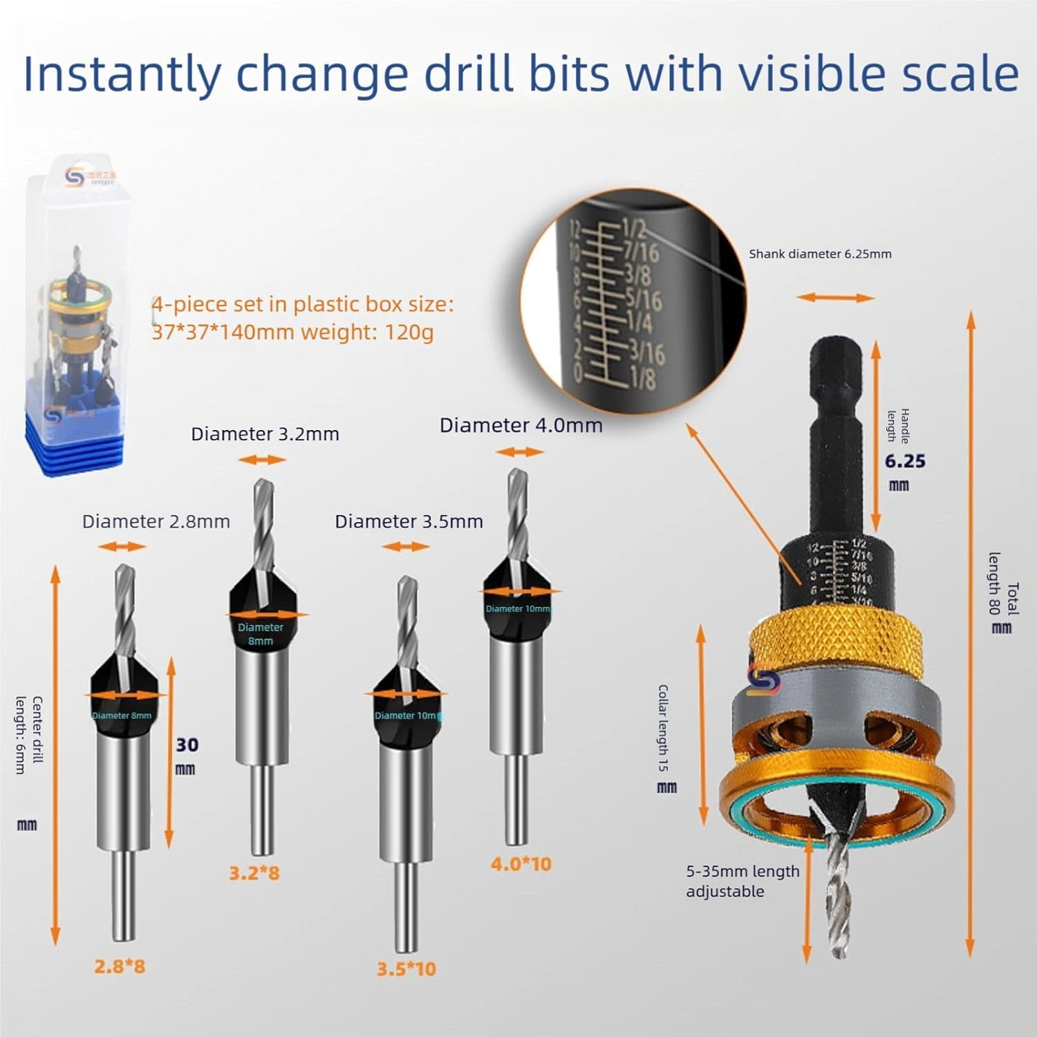 Countersink Drill Bits Set, 4PCS Four-Flute HSS M2 Tapered Drill Bits and Adjustable Depth Stop Collar, Wood Countersink Bit with Wrench for Wood, Plastic, Woodworking (Gold)