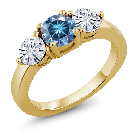 Gem Stone King 18K Yellow Gold Plated Silver 3-Stone Ring Round Persian Blue and White Moissanite (1.80 Cttw, Size 8)