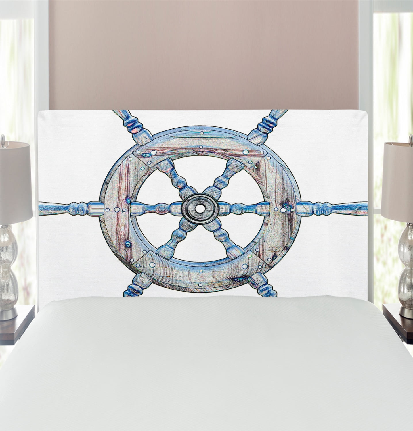 Nautical Headboard, Illustration of a Wooden Ship Wheel over White ...