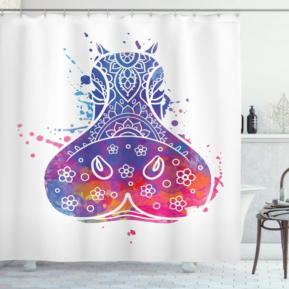 Hippo Shower Curtain, Abstract Hippo Head Silhouette with Ornamental Design Watercolor Effect Digital Print, Fabric Bathroom Set with Hooks, 69W X 75L Inches Long, Multicolor, by Ambesonne