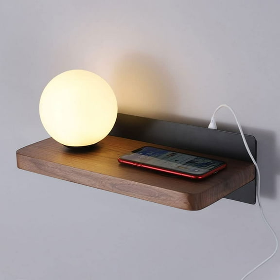 Glass Globe Wall Lamp Walnut Wall Mount Light with USB Port, Modern Contactless Charging Headboard Sconce, G9 Wall Lighting Fixtures for Bedroom Bedside Hotel Living Room