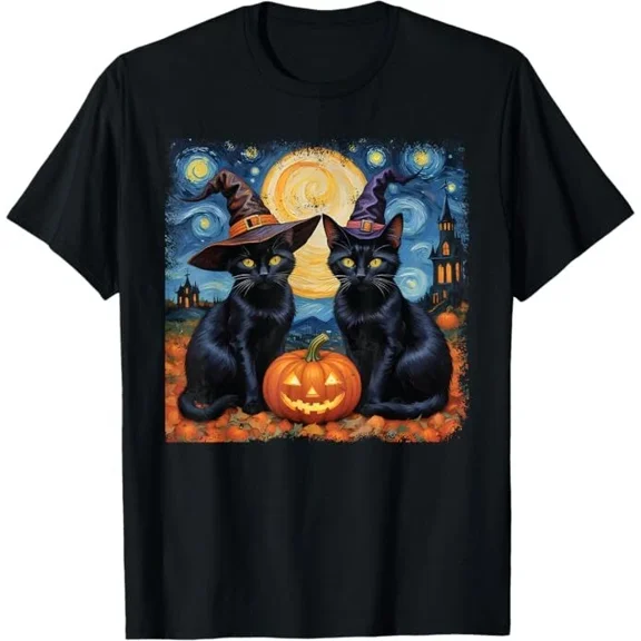 Cat Pumpkin Starry Night Van Gogh Cat For Cat Lover Unisex T-Shirt