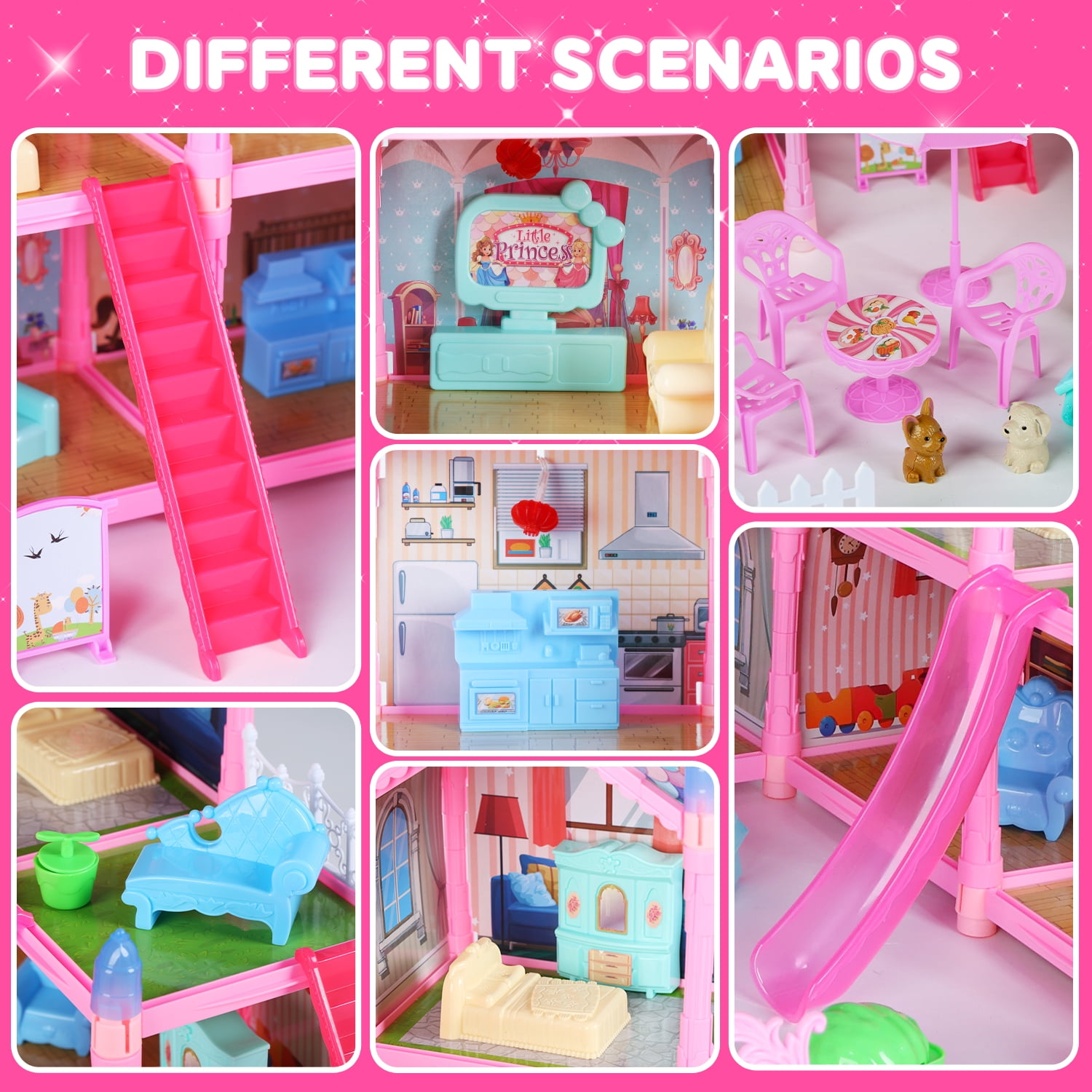 JoyStone 10 Rooms DollHouse, Huge Dollhouse Playset with LED Lights, Dolls, Furnitures, Accessories with Play Mat DIY Pretend Play Toys Gifts for Kids