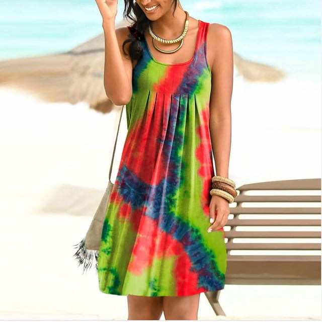 Robes Décontractées Aqestyerly Mode Femmes Imprimé Col Rond Aguichant Robe Débardeur Sans Manches Basique Midi Robe de Boîte de Nuit HWRETIE
