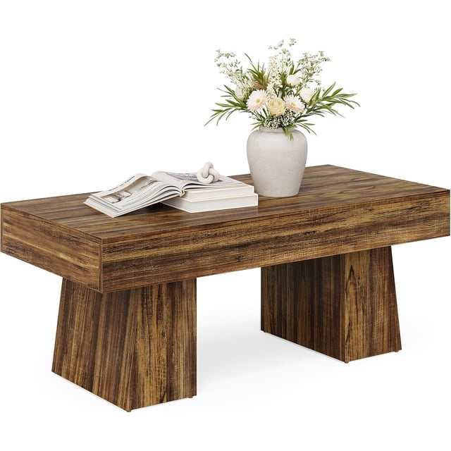 Fnova Farmhouse 47 Inch Rectangle Wooden Coffee Table, Sturdy Base, Modern Cocktail Tea Table, Accent Centre Table for Living Room, Bedroom