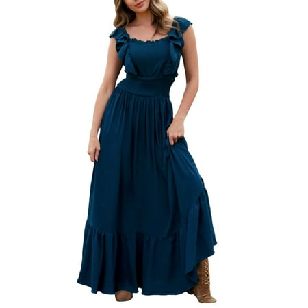 Empire Waist Dress For Women  Off The Shoulder Prom Dress Strapless Slim Tunic Ruffle Solid Colour Dresses Gold Shoes Women Midi Dresses One Dresses Formal Dresses Maxi (M  Dark Blue) ZMTing