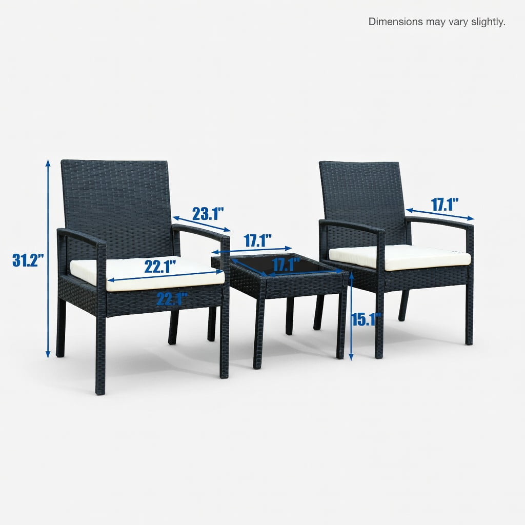 Hommoo 3-Piece Outdoor Rattan Patio Furniture Set, 2 Armchairs + Coffee Table with Cushions, Steel Frame, Weather-Resistant Wicker for Small Backyard, Garden & Balcony, Black