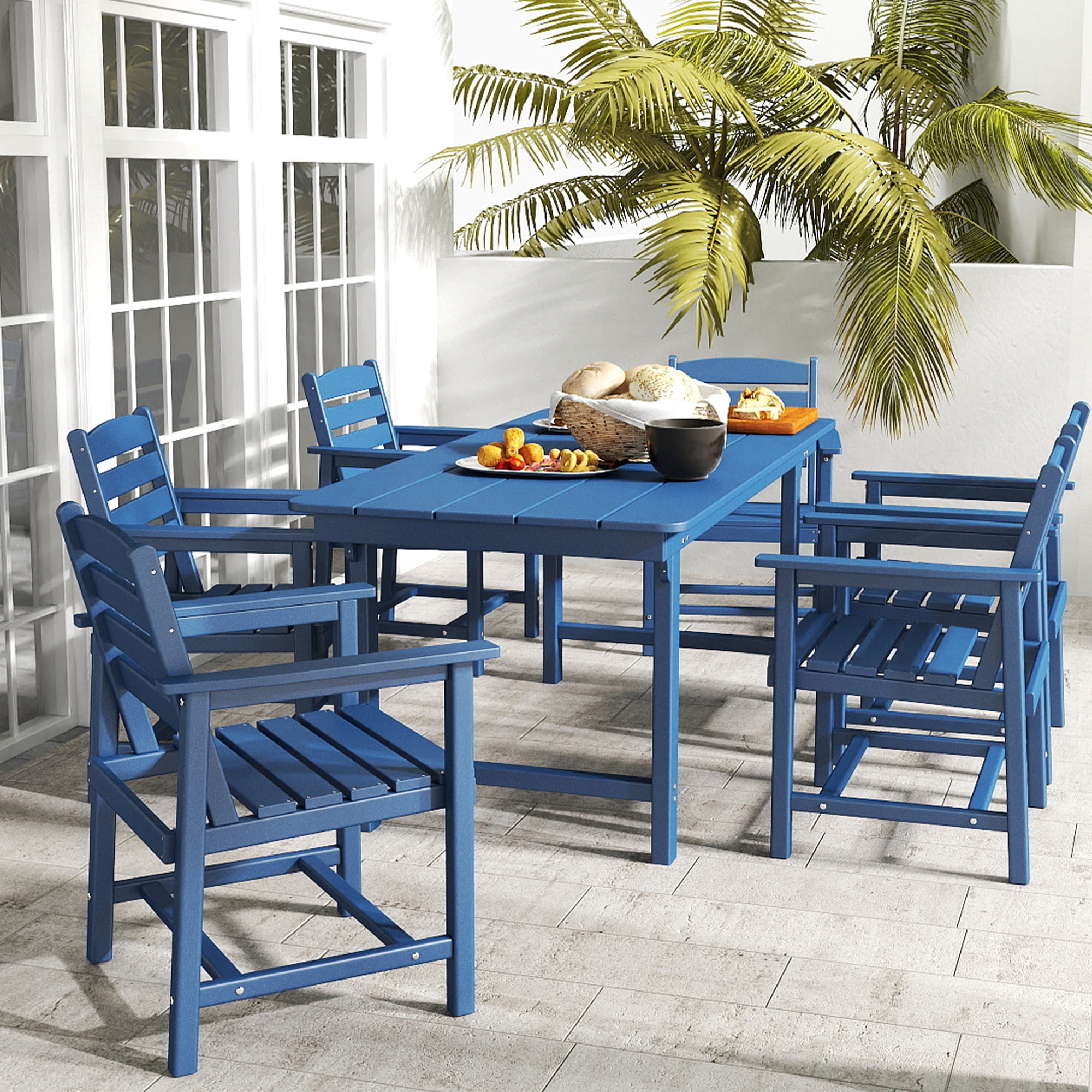 FOOWIN 7-Piece Patio Dining Set, HDPE All-Weather Outdoor Furniture with 6 Chairs and 1 Table, Blue