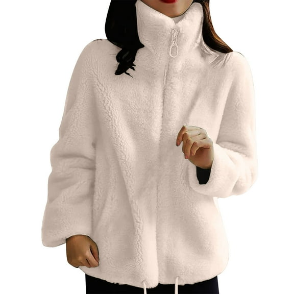FNFHFY Womens Plus Size Fleece Jacket Loose Stand Collar Fluffy Coat Full Zip Up Solid Sherpa Jackets Long Sleeve Winter Plush Coats
