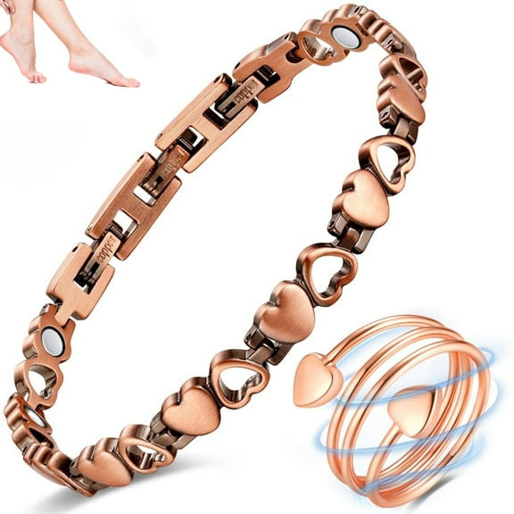Wollet Heart Copper Magnetic Anklets for Women, Adjustable 9.0-9.6-10.2inces
