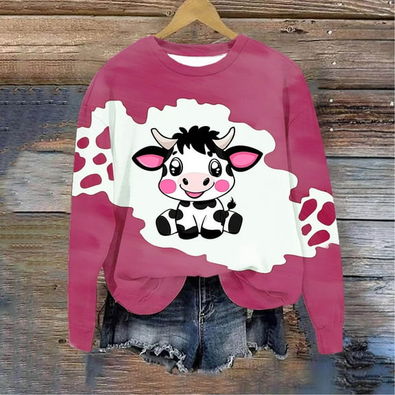 Royisotas Winter Sweatshirts for Women Fleece Long Sleeve Cow Graphic Pullover Loose Fit Casual Crew Neck Hoodless Tops