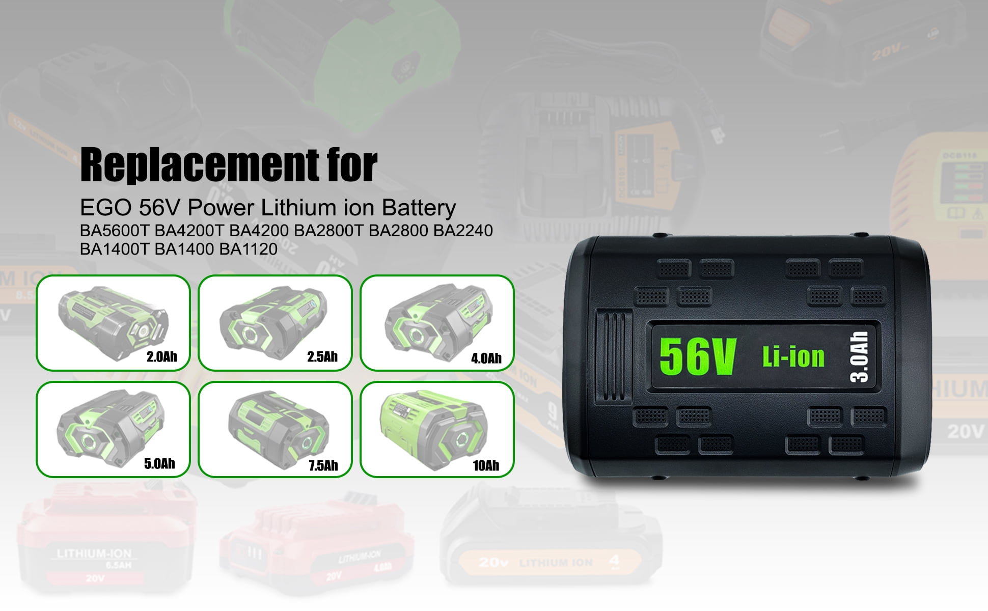BA1400T 56V 3.0Ah Battery Replacement for EGO 56V Battery Power 3.0Ah BA1400 BA1400T 2.5Ah BA1400T BA2240 BA1120 Compatible with EGO 56V Lithium-Ion Battery Black
