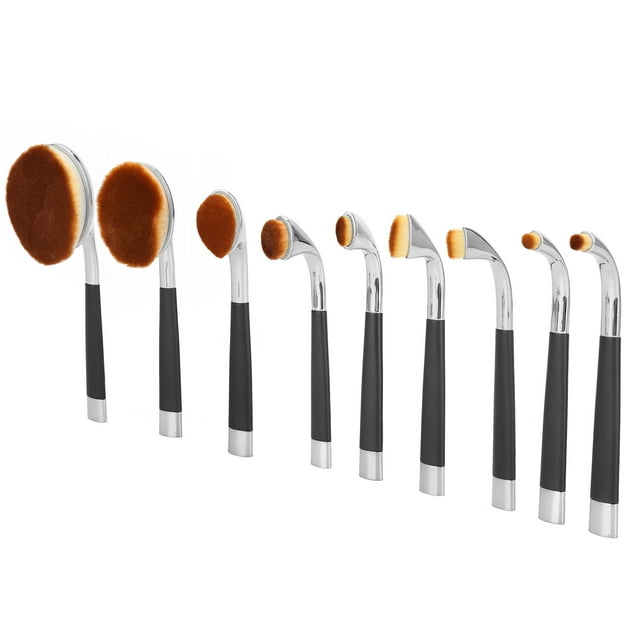 Kit de 9 piezas de formas especiales para aplicación de polvos, contornos, cremas BB y sombras de ojos: juego de brochas de maquillaje profesional con mangos plateados y negros