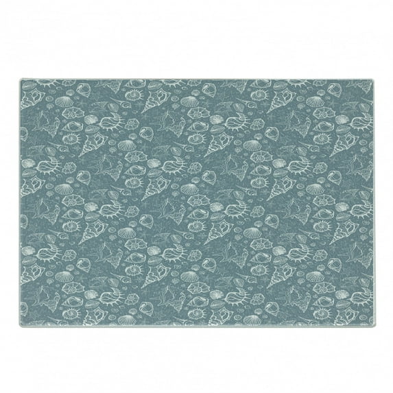 Sea Shells Cutting Board, Doodle Hand Drawn Style Starfish Pattern Monochrome Abstract Aquatic Print, Decorative Tempered Glass Cutting and Serving Board, Small Size, Blue Grey White, by Ambesonne