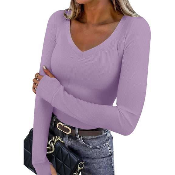 LEKWK Women's Tops Casual V-Neck Ribbed Knit Long Sleeve Tees Slim Fit Basic Tops Soft Stretchy Fabric Daily Inner Wear outfits
